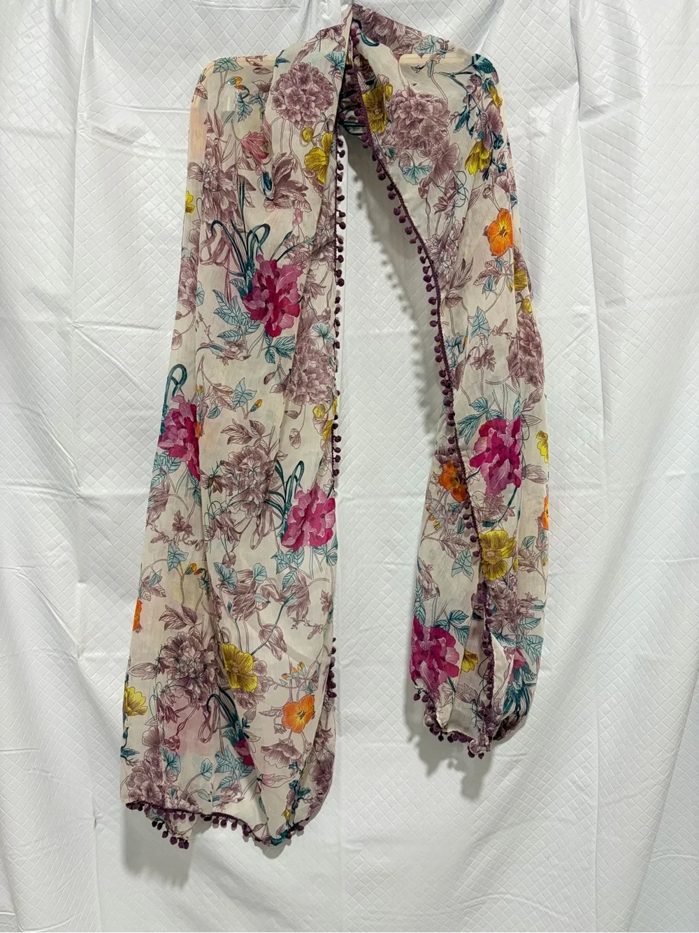 Floral Pom-Trim Lightweight Women’s Scarf - Pink Multi